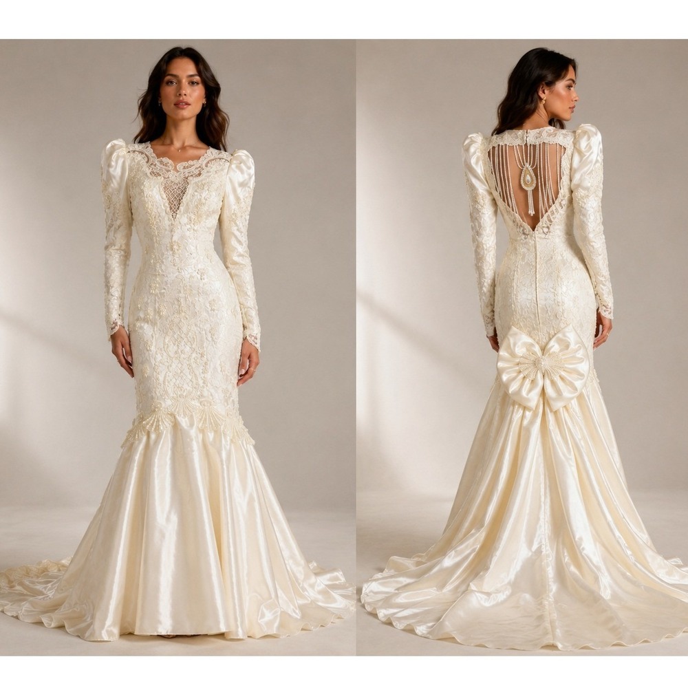 Vintage 80s Bonny Wedding Dress 6 Ivory Lace Mermaid Pearl Train Glam Maximalist